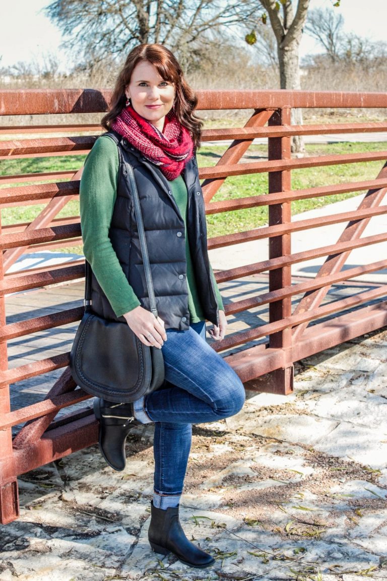 A Casual Holiday Outfit // Green Sweater, Black Puffer Vest and Red Scarf